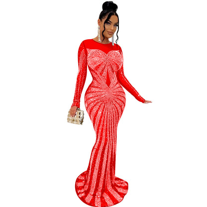 ST-dress Solid color mesh perspective hot diamond long sleeve maxi dress