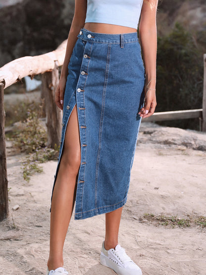 ST-dress  buttons irregular slit denim high-waisted long skirt