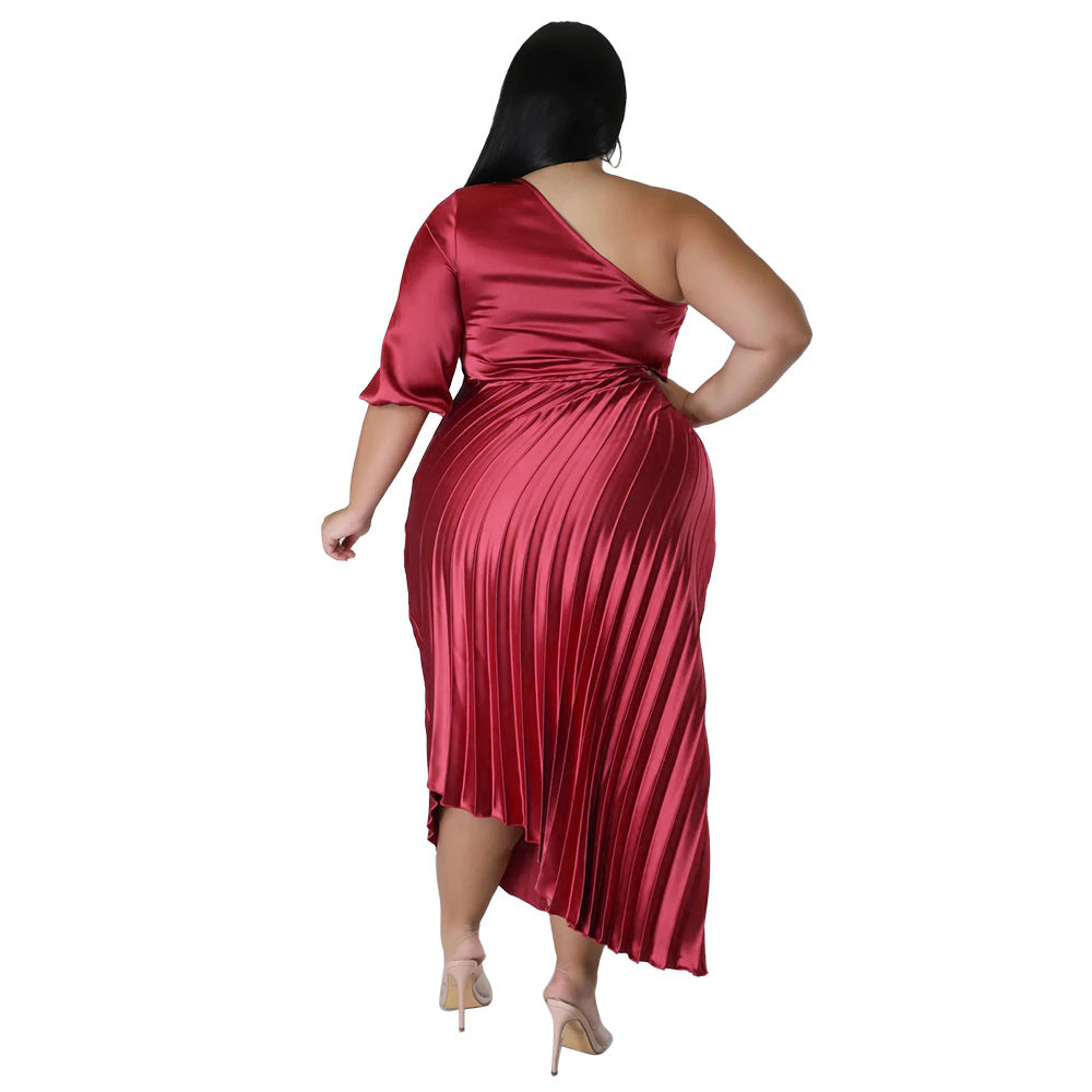 ST-dress fashion plus size sexy diagonal shoulder drawstring pleated dress