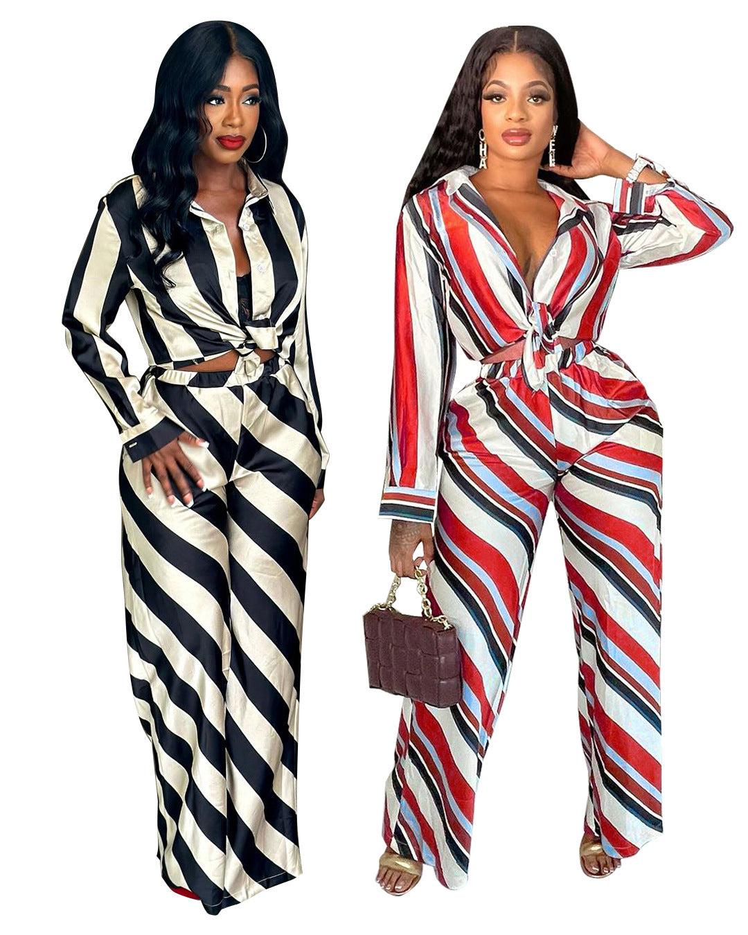 ST-dress print casual striped wide-leg pants two-piece set