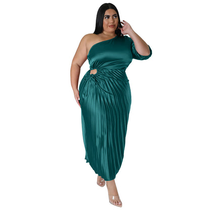 ST-dress fashion plus size sexy diagonal shoulder drawstring pleated dress