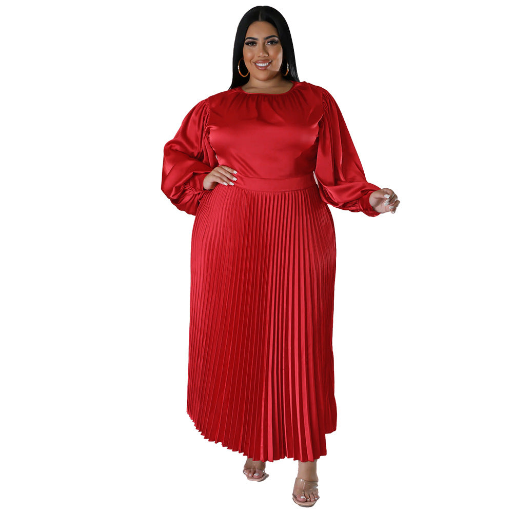 ST-dress plus size pleated round neck long sleeved dress