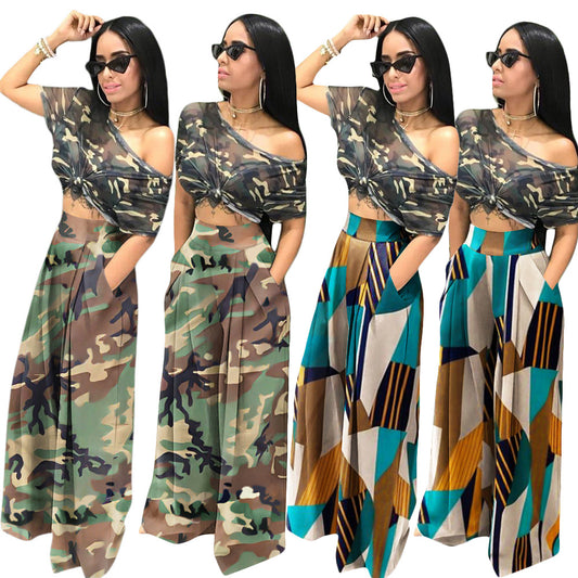 ST-dress plus size Trendy camouflage printed elastic waist wide leg pants