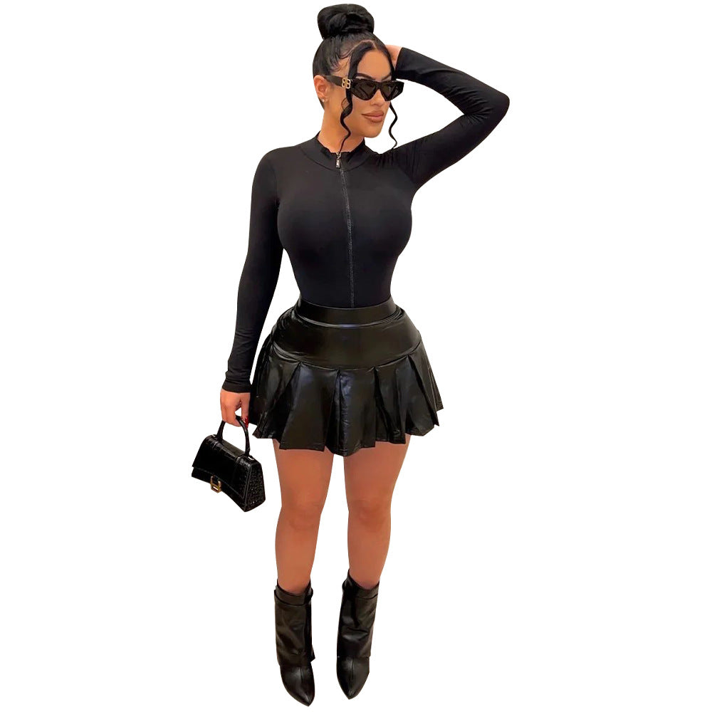 ST-dress Long sleeved zippered bodysuit and leather skirt set