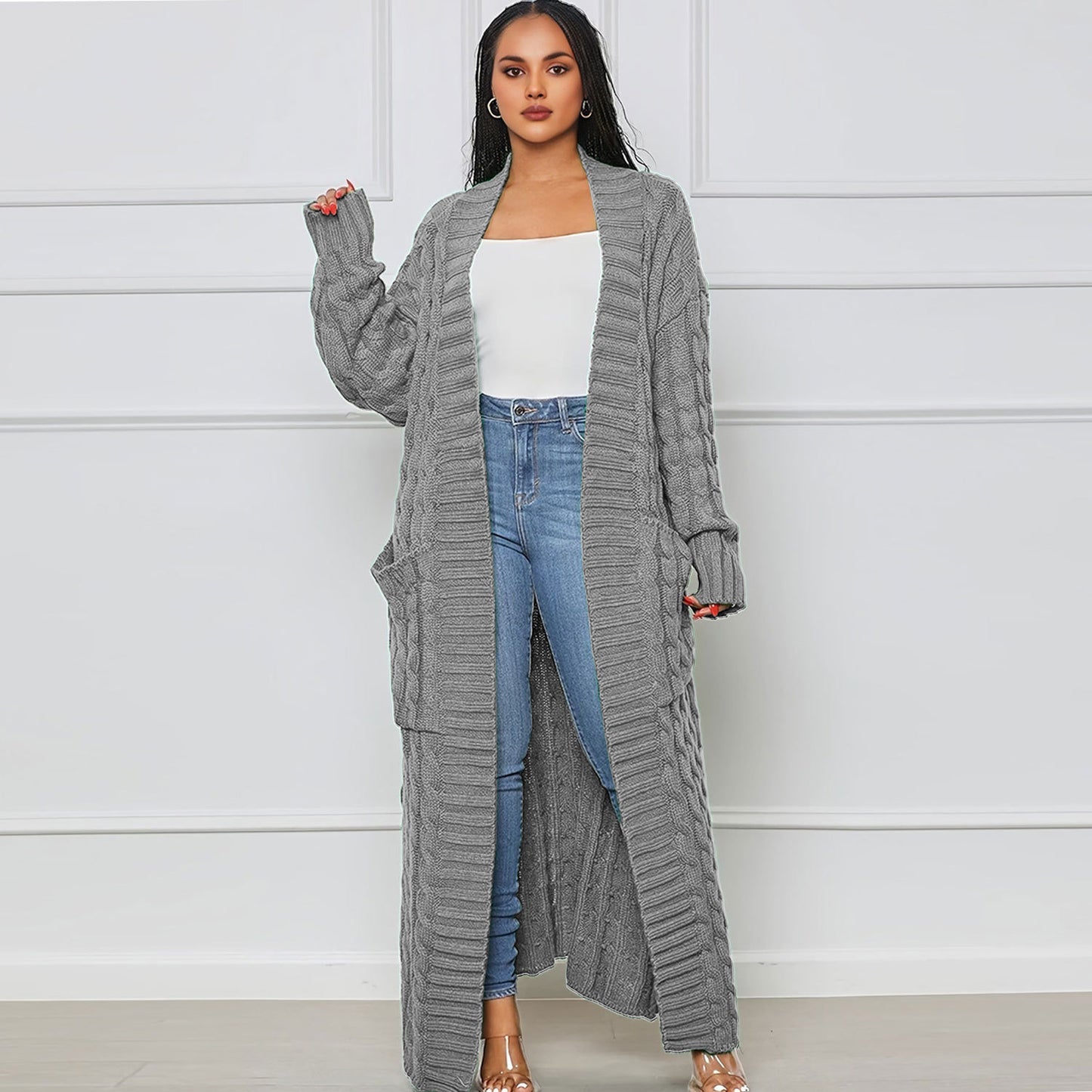 ST-dress Lazy solid color long twist sweater cardigan coat