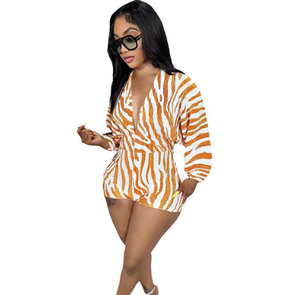 ST-dress Fashion Pit Stripe Digital Printed Long sleeved V-neck Sexy jumpsuit