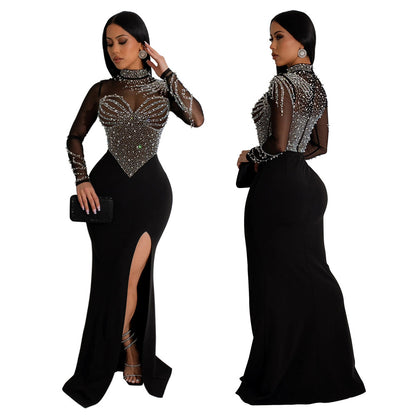 ST-dress High slit hot diamond perspective dress