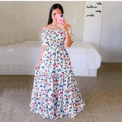 ST-dress plus size One-shoulder, floral, stylish, off-the-shoulder, maxi printed Dress