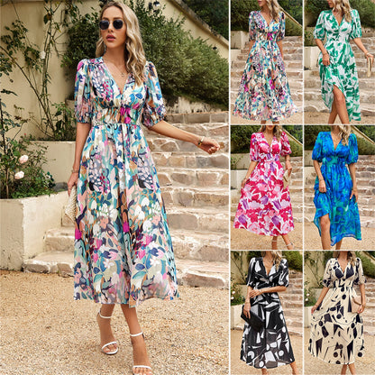 ST-dress Temperament V-neck printed dress