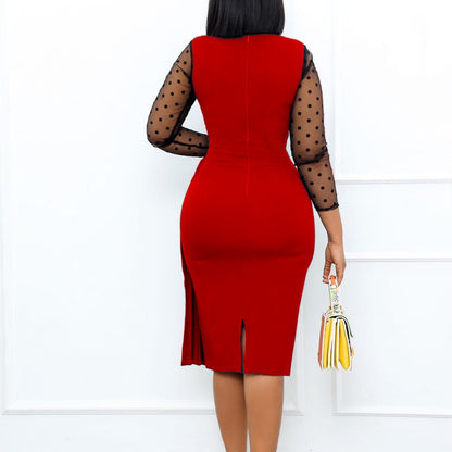 Women's fashion mesh stitching slim fit hip slit plus size dress