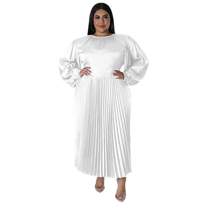 ST-dress plus size pleated round neck long sleeved dress