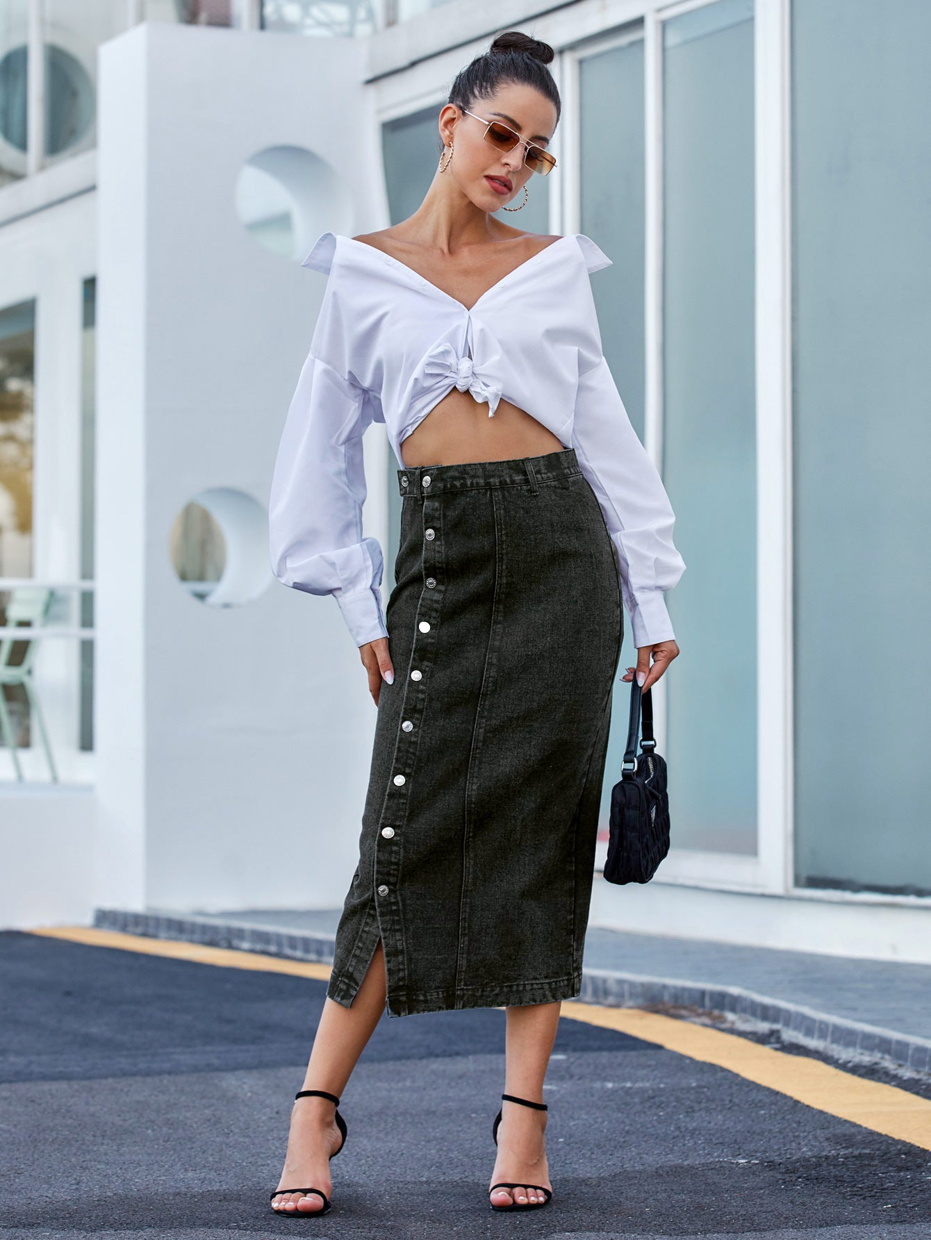 ST-dress  buttons irregular slit denim high-waisted long skirt