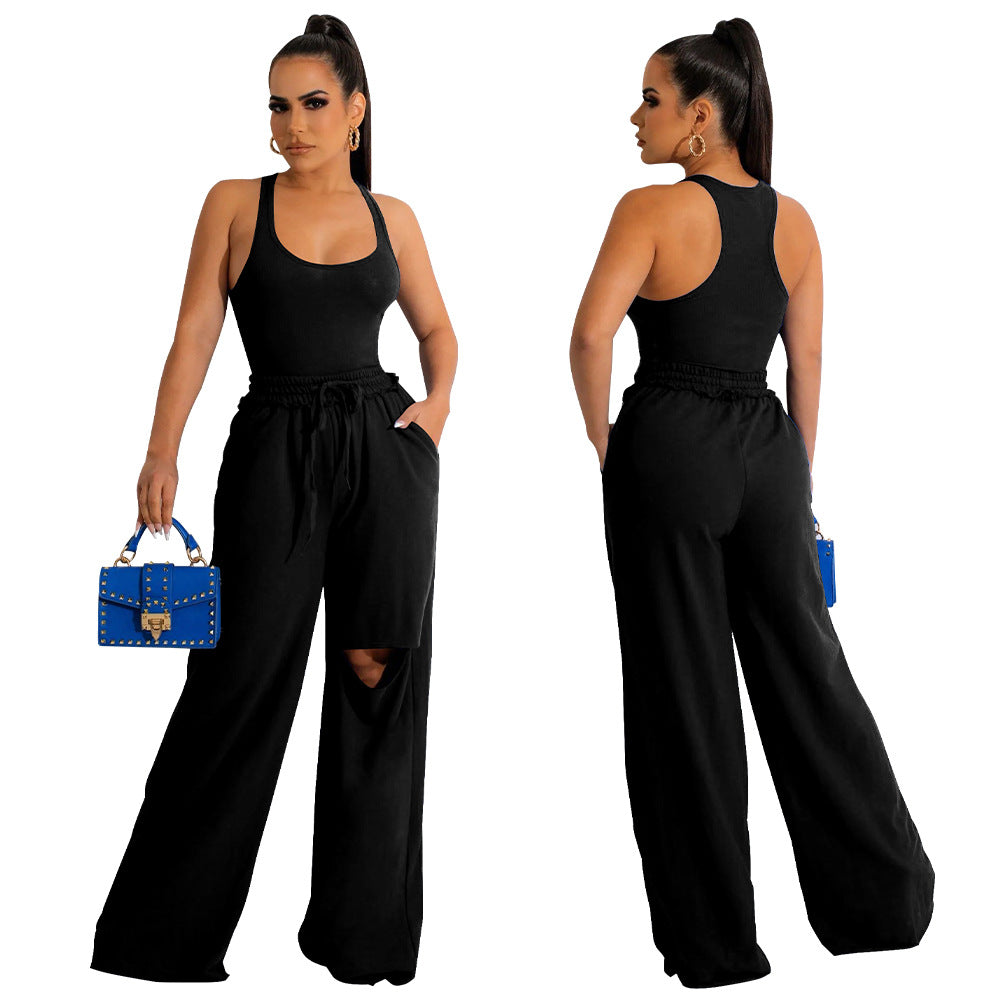 ST-dress U-neck bodysuit holes wide leg pants set