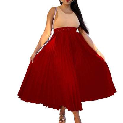 ST-dress High waisted and large skirt hem, medium length pleated and elegant draped skirt