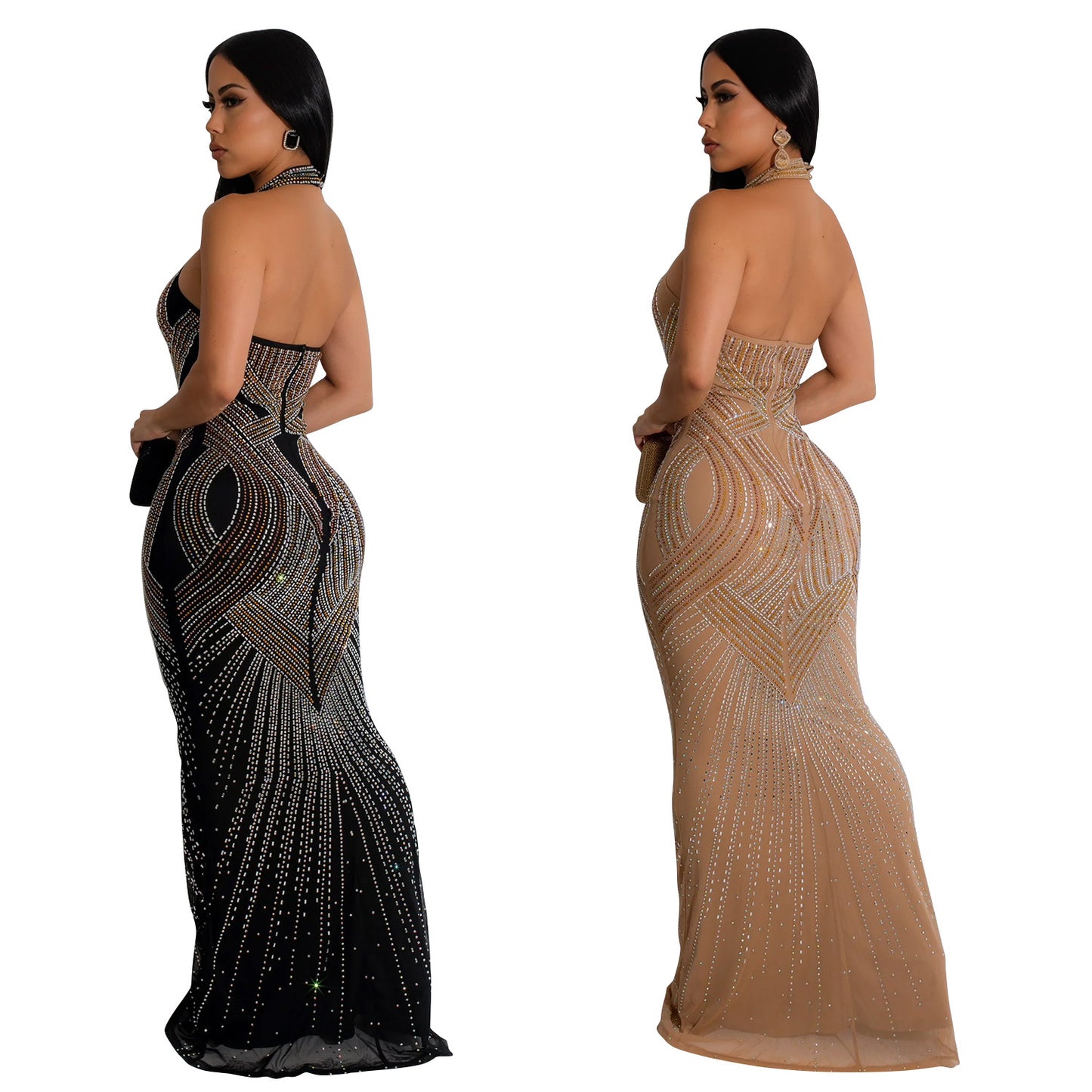 ST-dress Mesh hot diamond hanging neck maxi dress