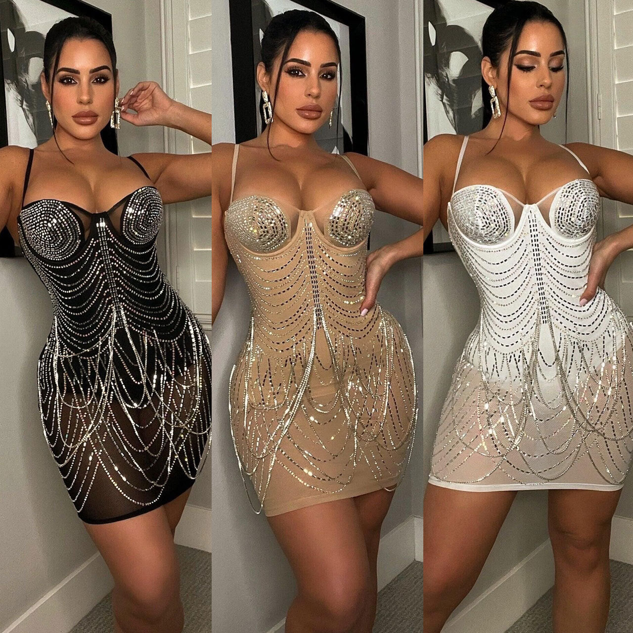 Sexy plus size slim fit hot diamond tassel dress