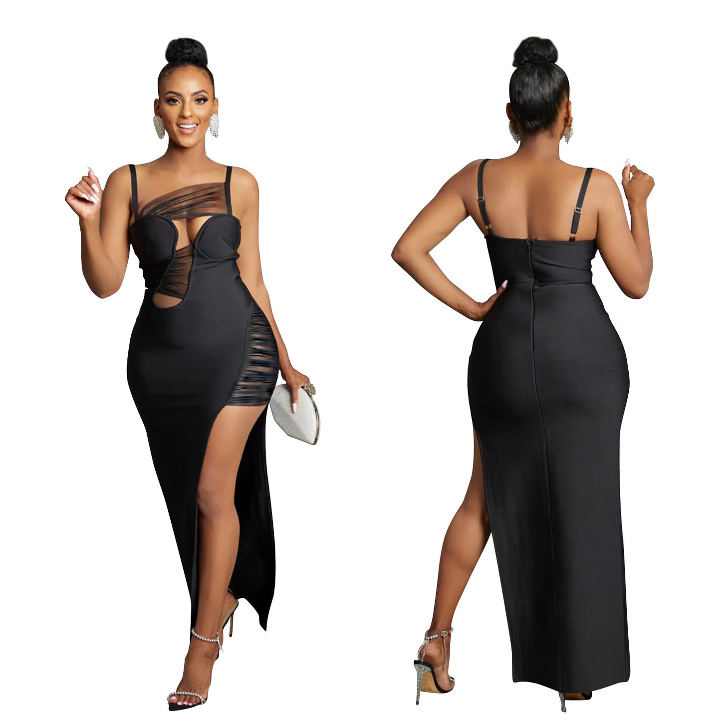 ST-dress Mesh hollow bandage maxi dress