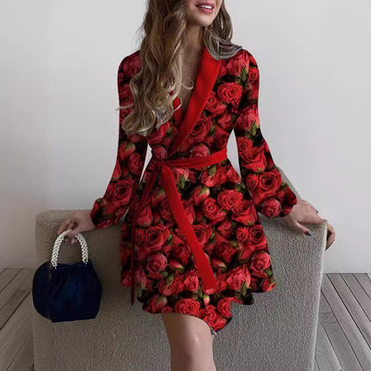 ST-dress Floral print lapel long sleeve lace-up waist dress