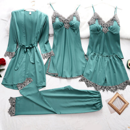 ST-dress Pendant sexy imitation silk pajamas five-piece set