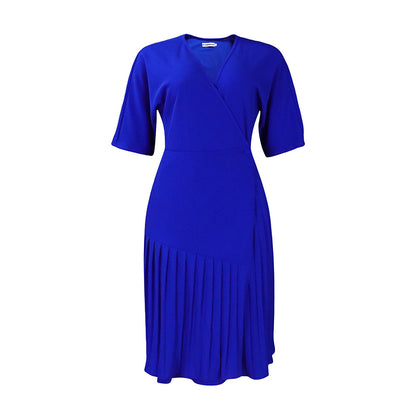 ST-dress V-neck waist fashion pleated mid-length dress