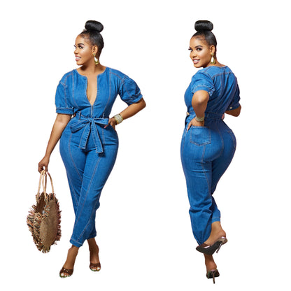 ST-dress Fashion loose jeans short sleeve Jumpsuit