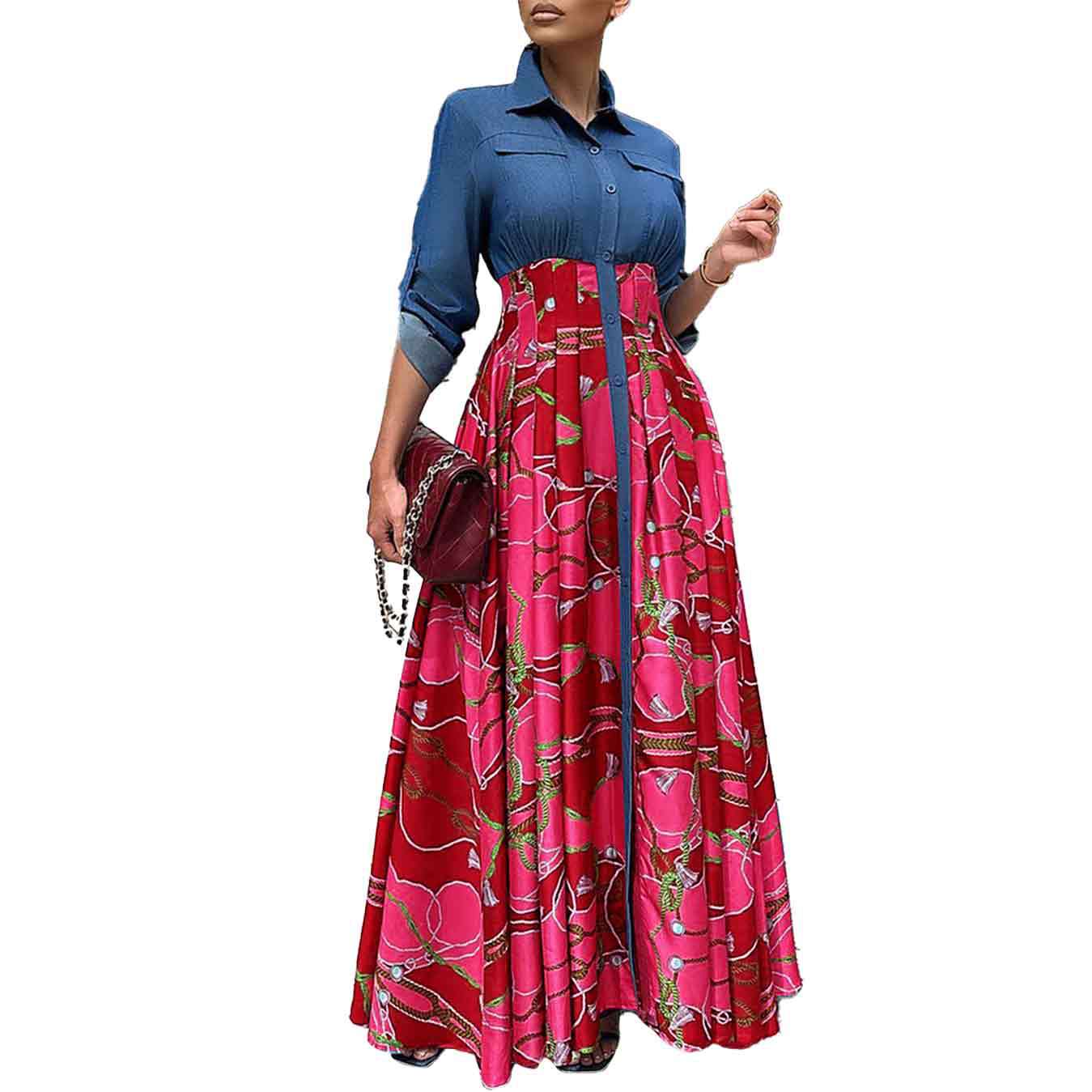 ST-dress plus size Casual denim patchwork printed long skirt big swing dress