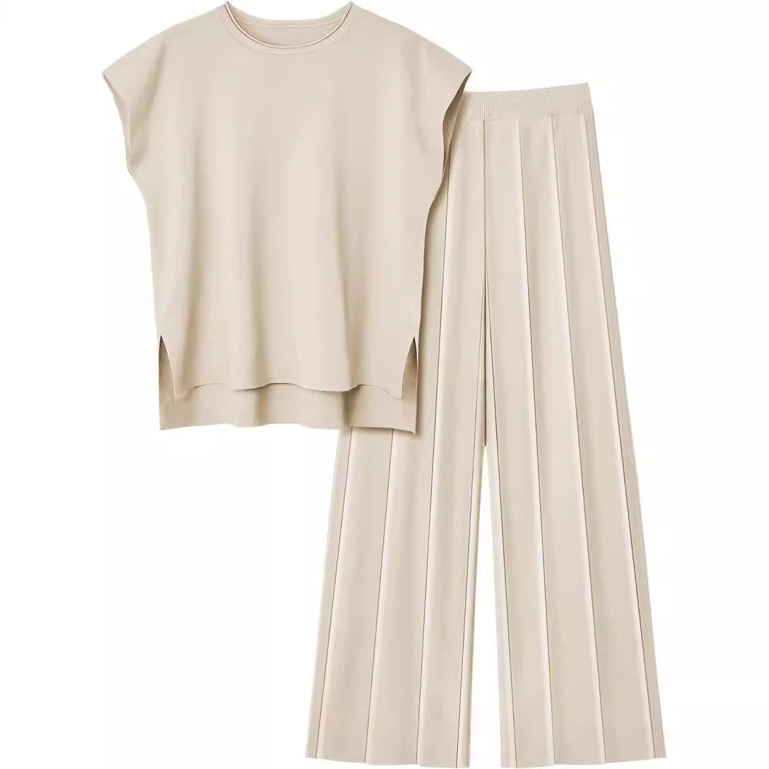 Sleeveless vest sweater + wide leg pants knitted casual two-piece set