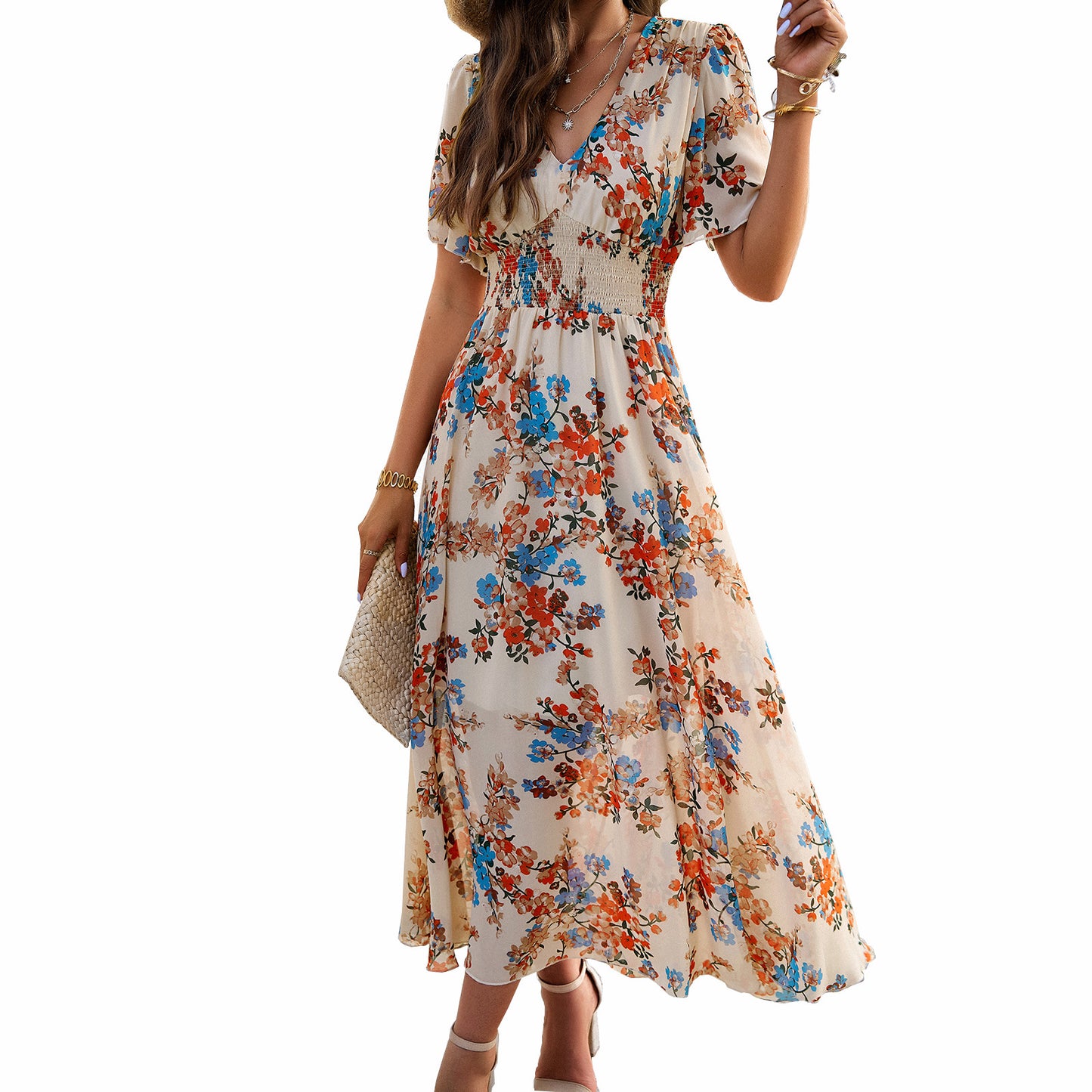 ST-dress Temperament print waistline short-sleeved dress