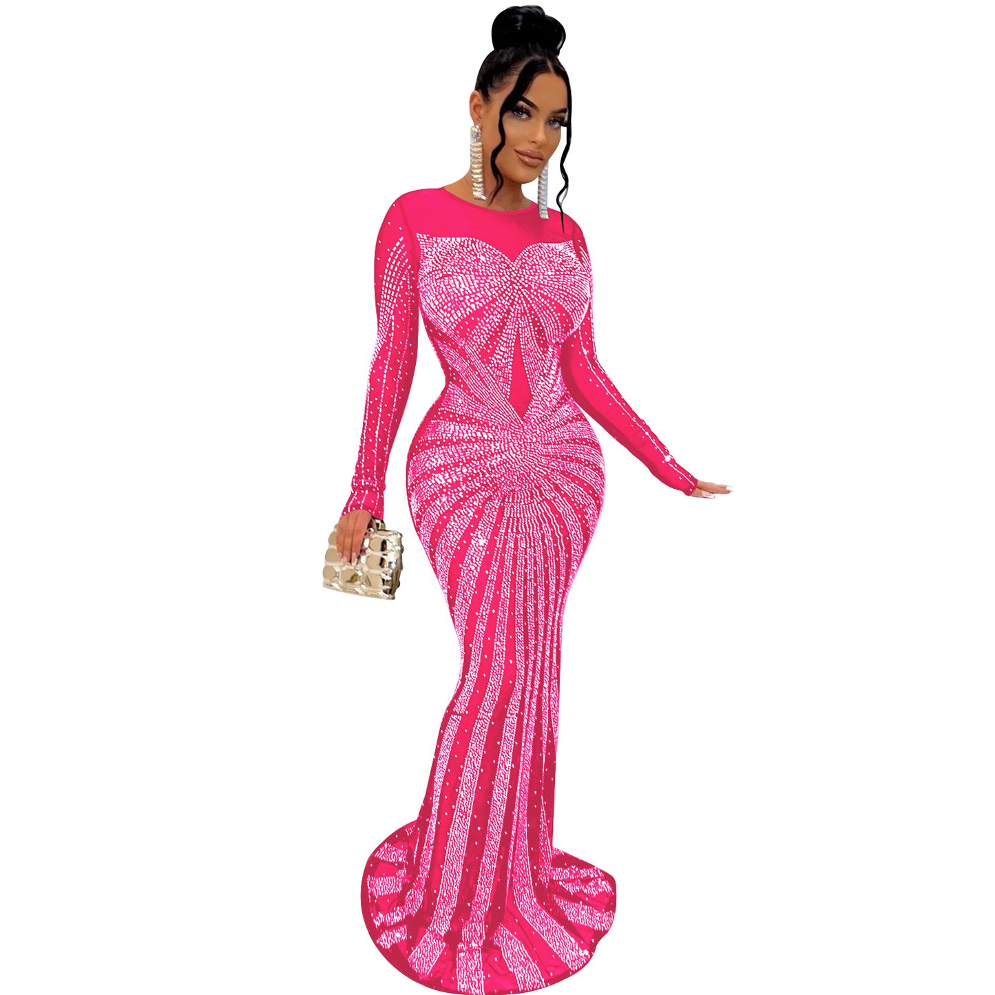 ST-dress Solid color mesh perspective hot diamond long sleeve maxi dress