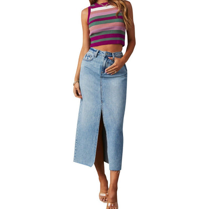 Women's high waisted washed split denim skirt