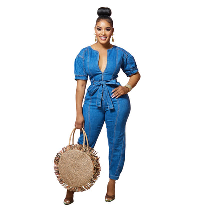 ST-dress Fashion loose jeans short sleeve Jumpsuit