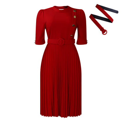 ST-dress New Style Solid Color Pleated Button Dress