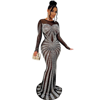 ST-dress Solid color mesh perspective hot diamond long sleeve maxi dress