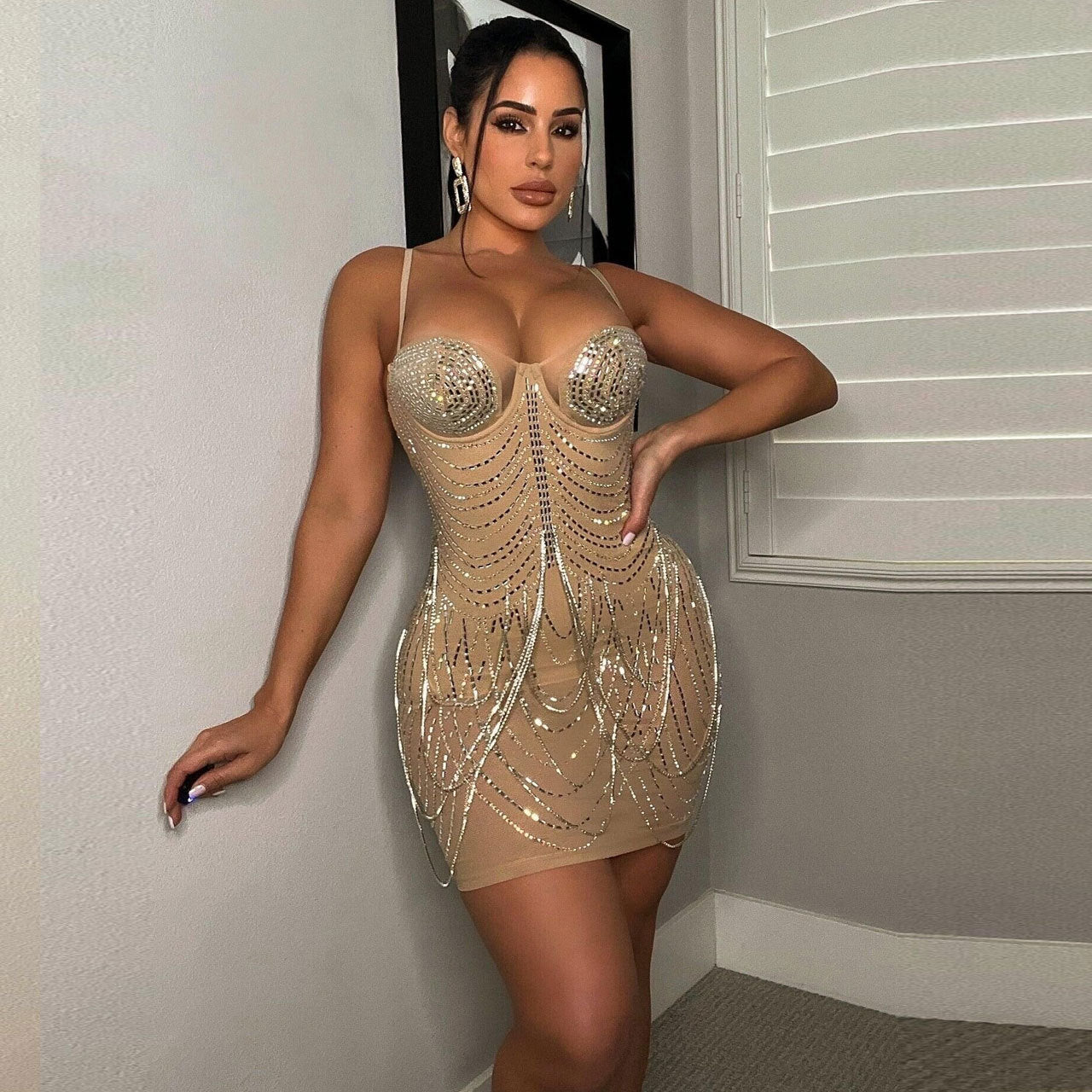 Sexy plus size slim fit hot diamond tassel dress