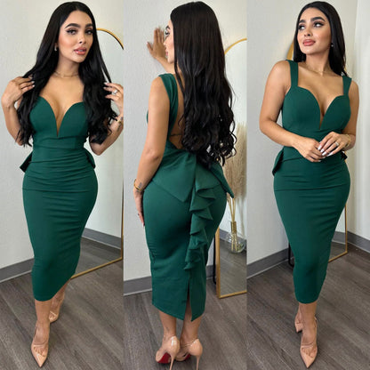 ST-dress plus size Solid color wrap hip open back deep V bow stretch slit dress