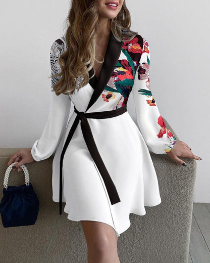 ST-dress Floral print lapel long sleeve lace-up waist dress