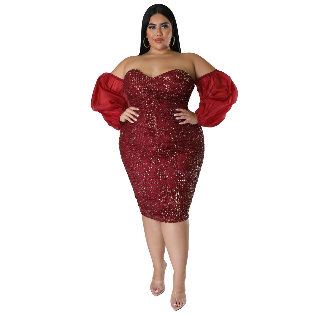 ST-dress plus size sexy sequin strapless solid color evening dress