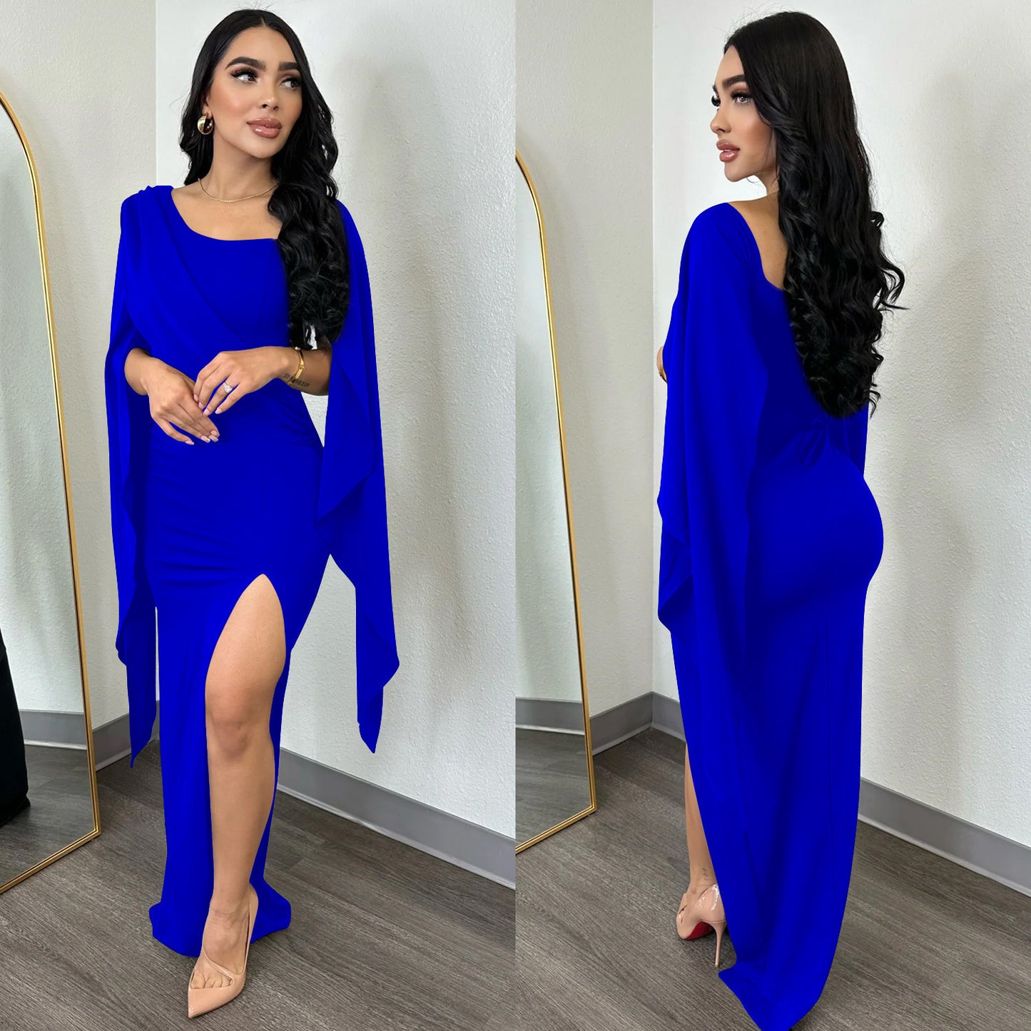 ST-dress Solid color long sleeve split pleated maxi dress