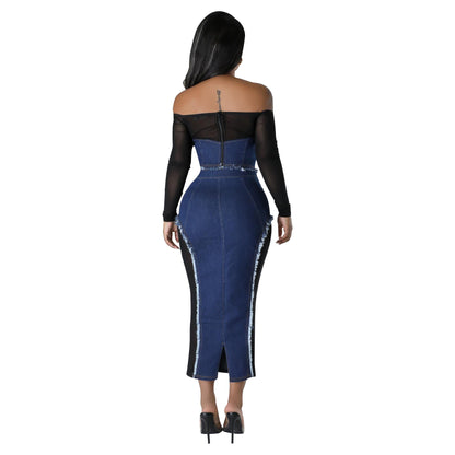 ST-dress Stylish mesh denim spliced see-through strapless two-piece set