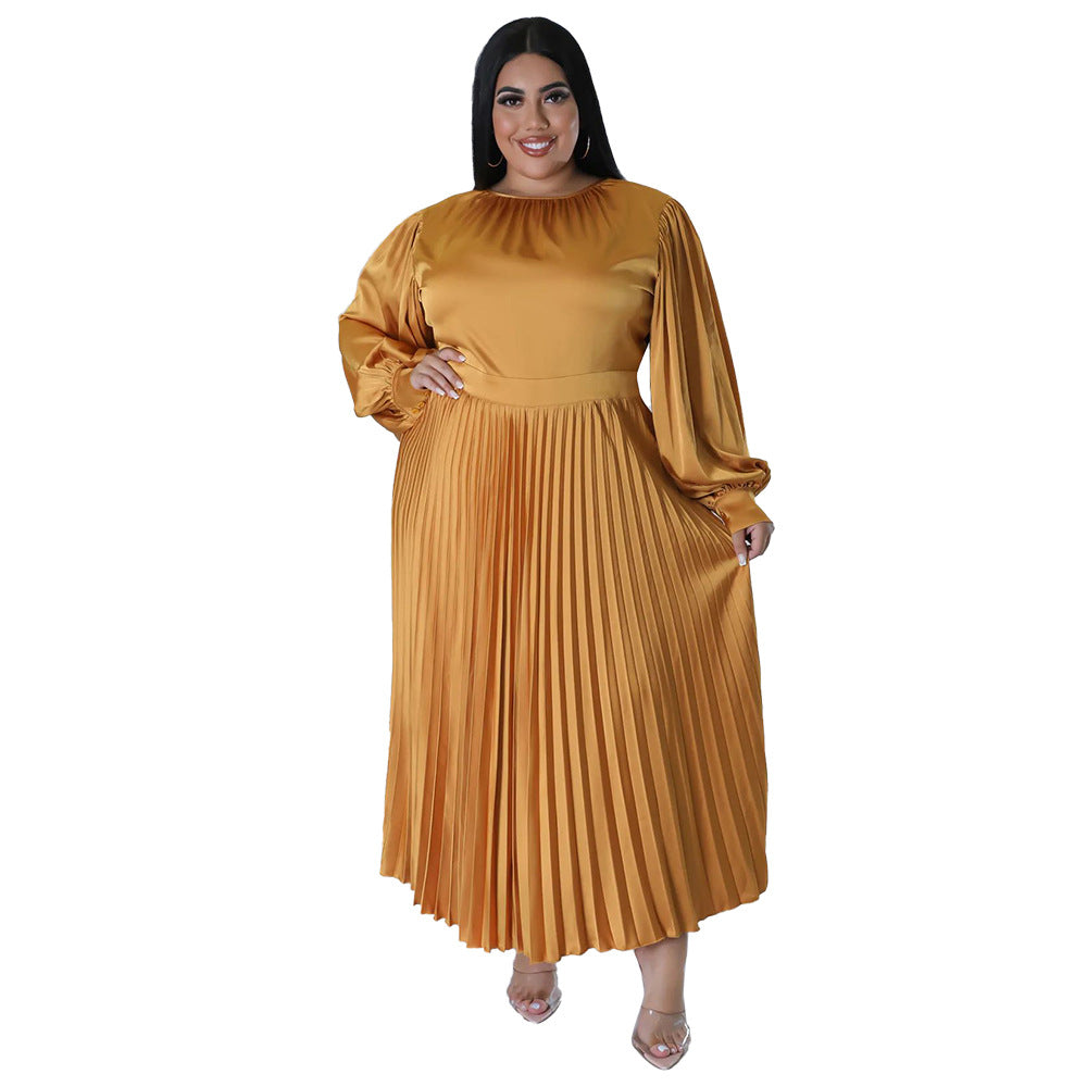 ST-dress plus size pleated round neck long sleeved dress