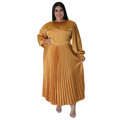 ST-dress plus size pleated round neck long sleeved dress