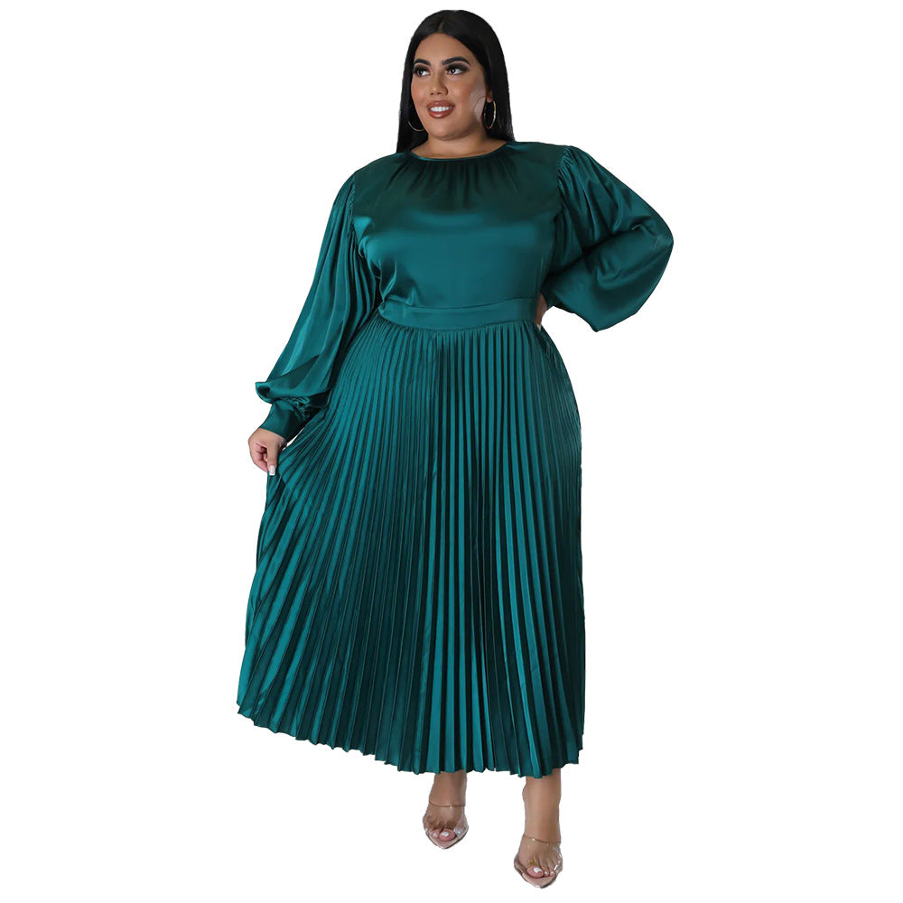 ST-dress plus size pleated round neck long sleeved dress