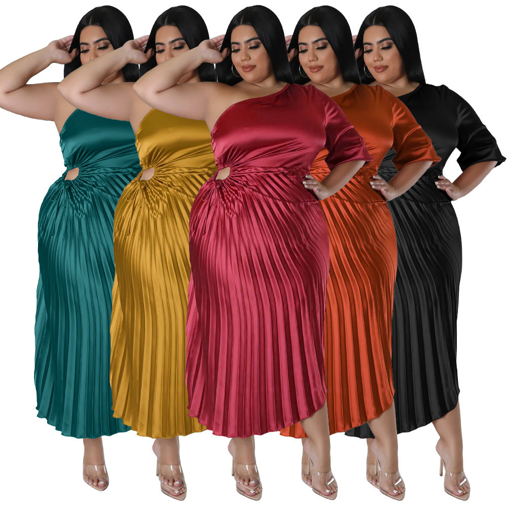 ST-dress fashion plus size sexy diagonal shoulder drawstring pleated dress