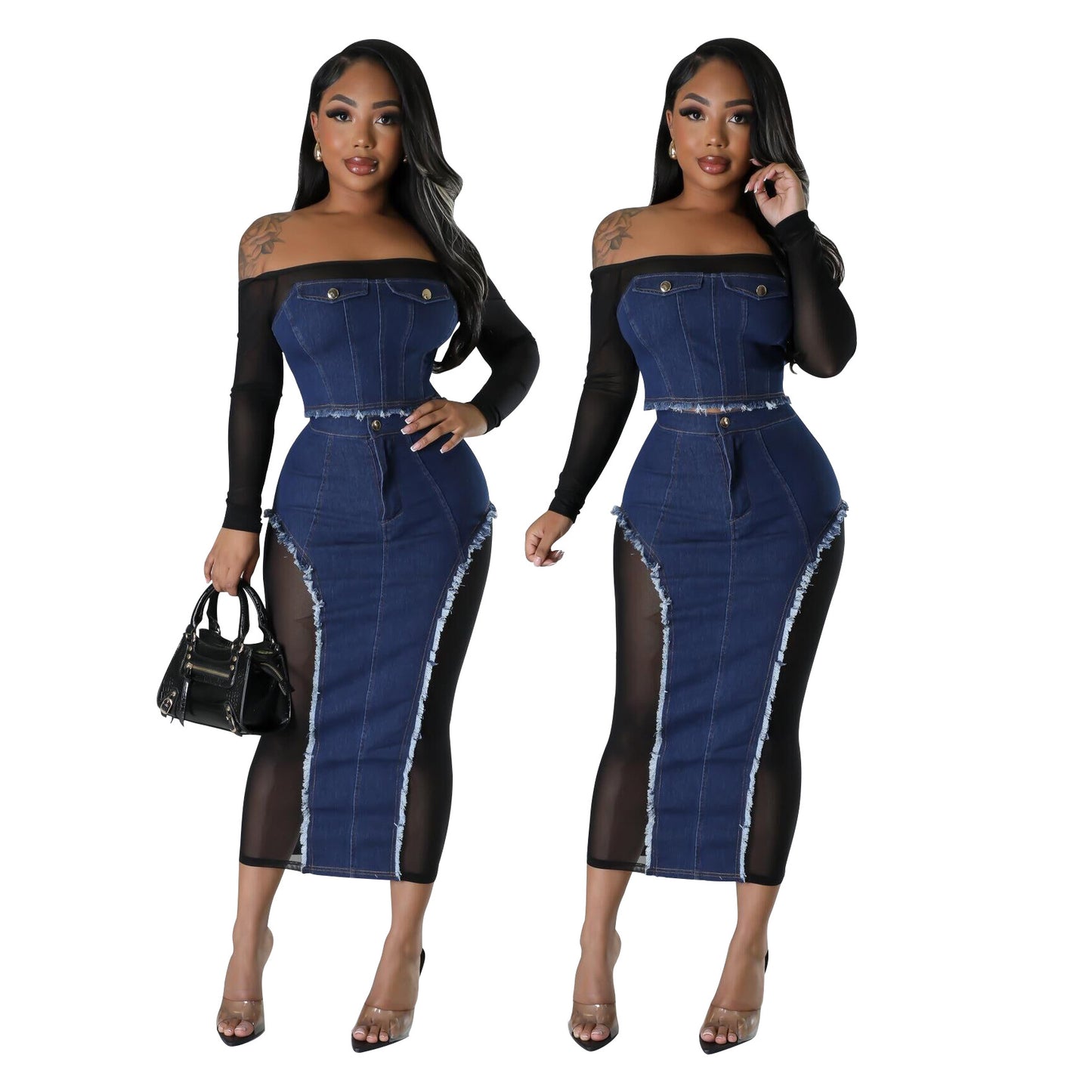 ST-dress Stylish mesh denim spliced see-through strapless two-piece set